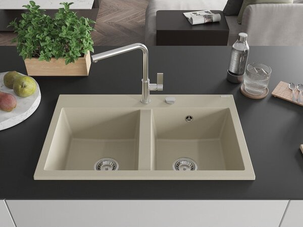 Mexen Hektor dřez žulový 2-komorový 800 x 480 mm, béžový, sifon chrom - 6521802000-69
