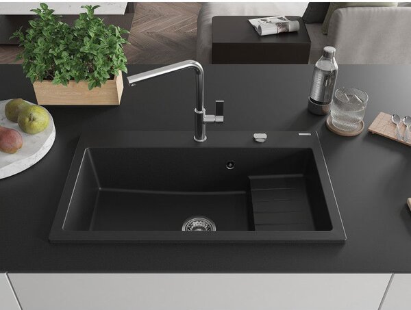 Mexen Omar žulový kuchyňský dřez 1-komorový 800 x 480 mm, černý, sifon chrom - 6520801005-77