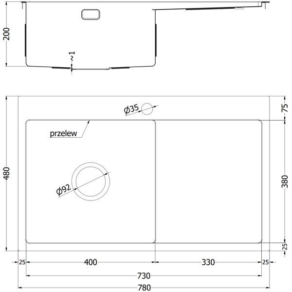 Mexen Exar, 1-komorový nerezový dřez s odkapávačem, levý, 780 x 480 mm, černá, 6433781010L-70