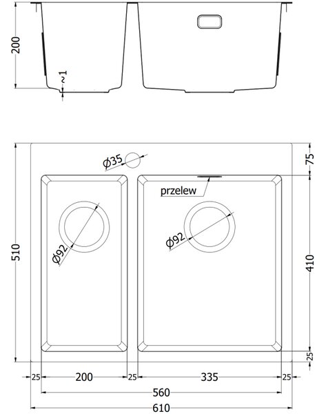 Mexen Flexo, 1.5-komorový nerezový dřez 610 x 510 mm, černá, 6446611500-70