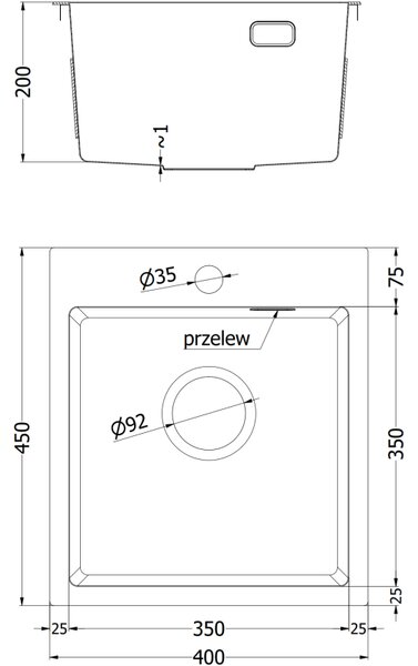Mexen Solix, 1-komorový nerezový dřez 400 x 450 mm, černá, 6401401000-70