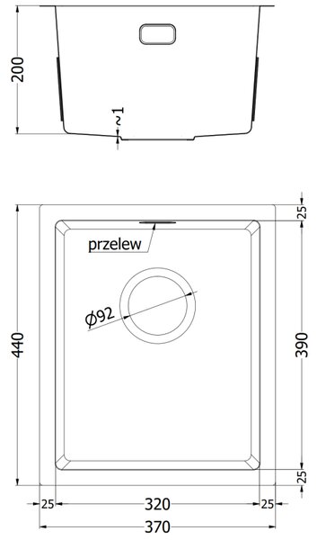 Mexen Trixo, 1-komorový nerezový dřez 370 x 440 mm, černá, 6412371000-70