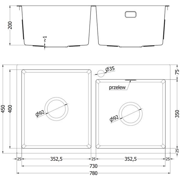 Mexen Xorin, 2-komorový nerezový dřez 780 x 450 mm, černá, vzor voština, 6441782000-70HC