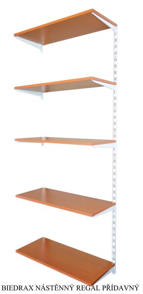 Biedrax Nástěnný regál přídavný 20 x 40 x 200 cm, bílý - 5 polic třešeň