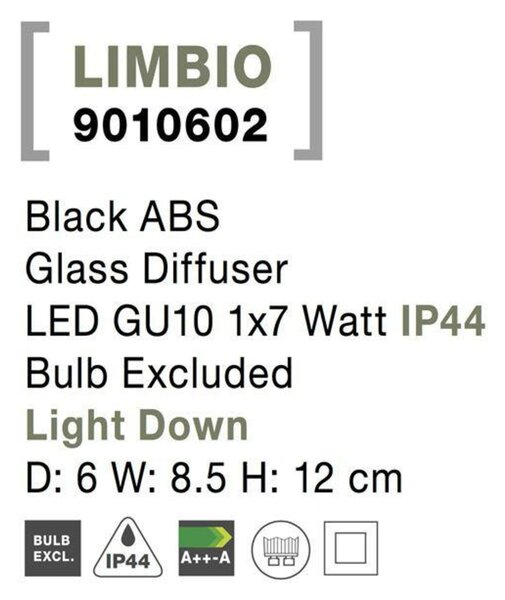 NOVA LUCE venkovní nástěnné svítidlo LIMBIO černý ABS skleněný difuzor GU10 1x7W bez žárovky IP44 světlo dolů 9010602