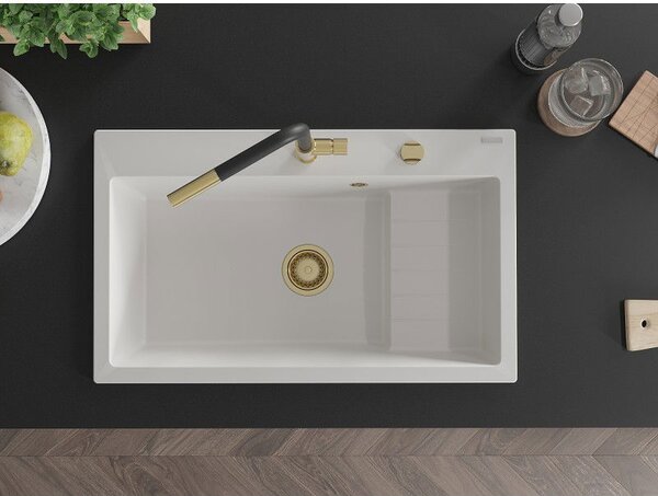 Mexen Omar granitový dřez 1-komorový 800 x 480 mm, bílý, sifon zlatý - 6520801005-20-G
