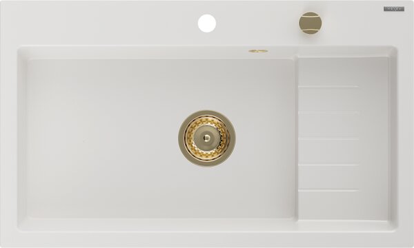 Mexen Omar granitový dřez 1-komorový 800 x 480 mm, bílý, sifon zlatý - 6520801005-20-G