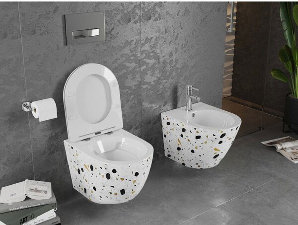 Mexen Lena WC mísa Rimless s tenkým pomalu padajícím sedátkem, duroplast, bílý kámen terrazzo - 30224096