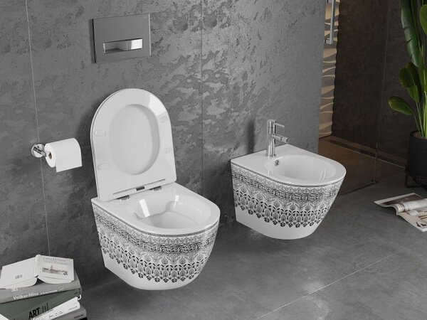 Mexen Lena WC mísa Rimless s pomalu padací deskou slim, duroplast, bílá/černý vzor - 30224095