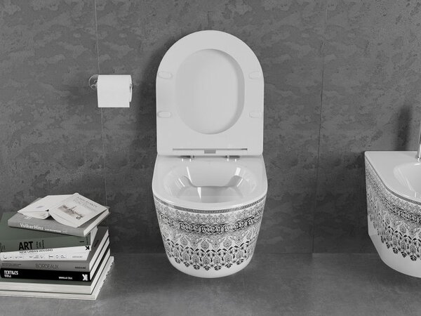 Mexen Lena WC mísa Rimless s pomalu padací deskou slim, duroplast, bílá/černý vzor - 30224095