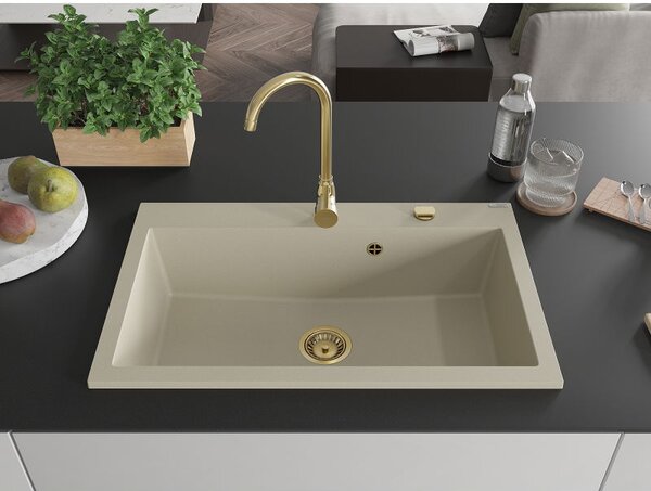 Mexen Elix granitový dřez 1-komorový 800 x 500 mm, béžový, zlatý sifon - 6527801005-69-G