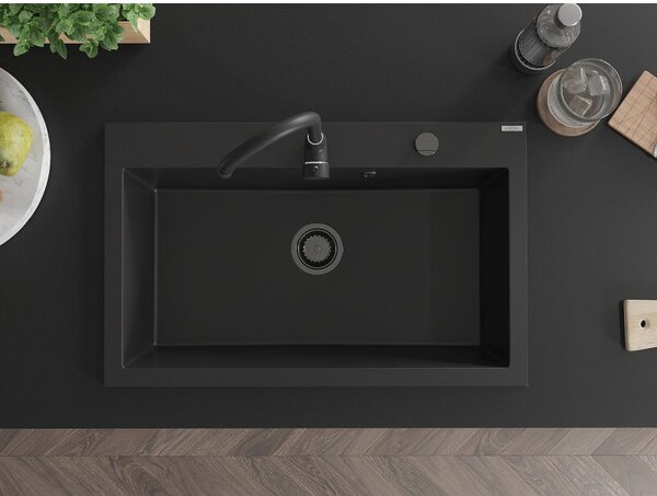 Mexen Elix granitový dřez 1-komorový 800 x 500 mm, černý, černý sifon - 6527801005-77-B
