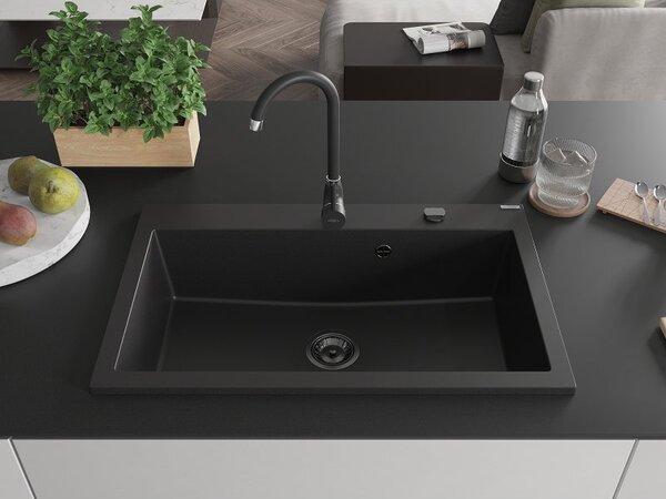 Mexen Elix granitový dřez 1-komorový 800 x 500 mm, černý, černý sifon - 6527801005-77-B