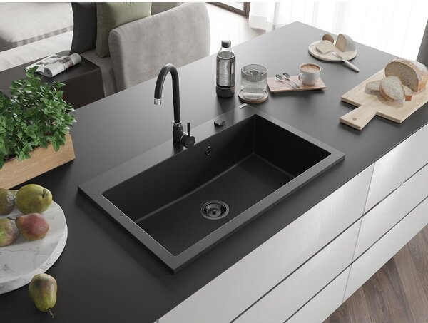 Mexen Elix granitový dřez 1-komorový 800 x 500 mm, černý, černý sifon - 6527801005-77-B