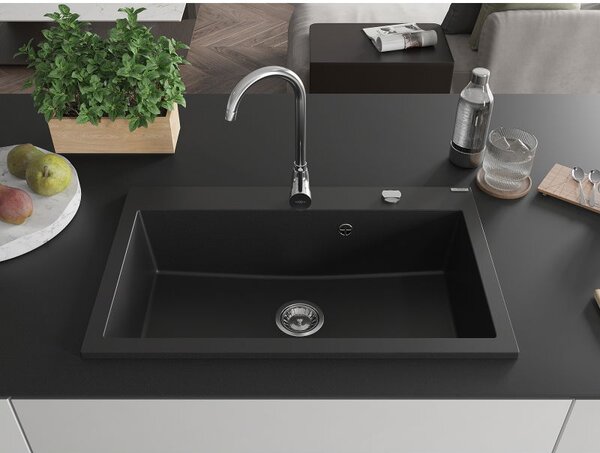 Mexen Elix granitový dřez s jednou komorou 800 x 500 mm, černý, sifon chrom - 6527801005-77