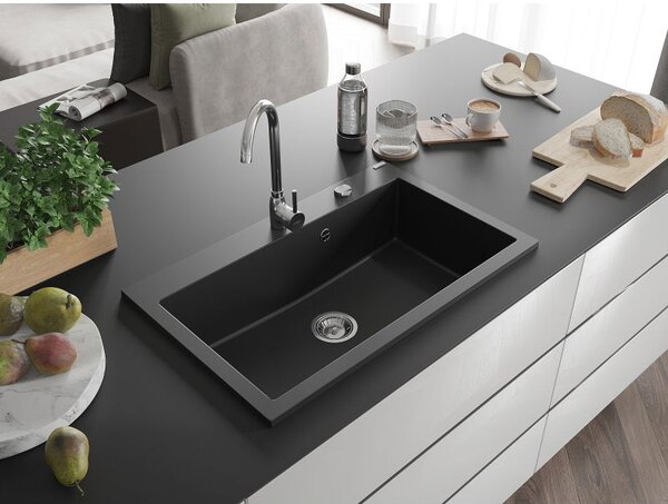 Mexen Elix granitový dřez s jednou komorou 800 x 500 mm, černý, sifon chrom - 6527801005-77