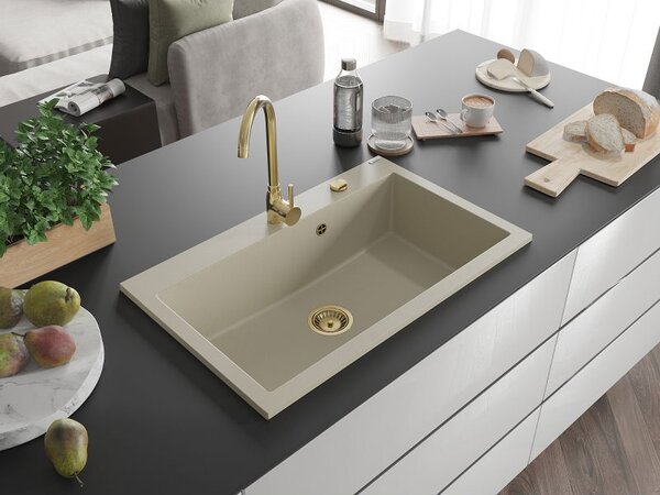 Mexen Elix granitový dřez 1-komorový 800 x 500 mm, béžový, zlatý sifon - 6527801005-69-G