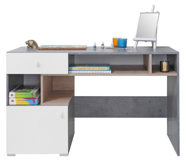 Psací stůl SIGMAR, 125x76x55, beton/bílá/dub