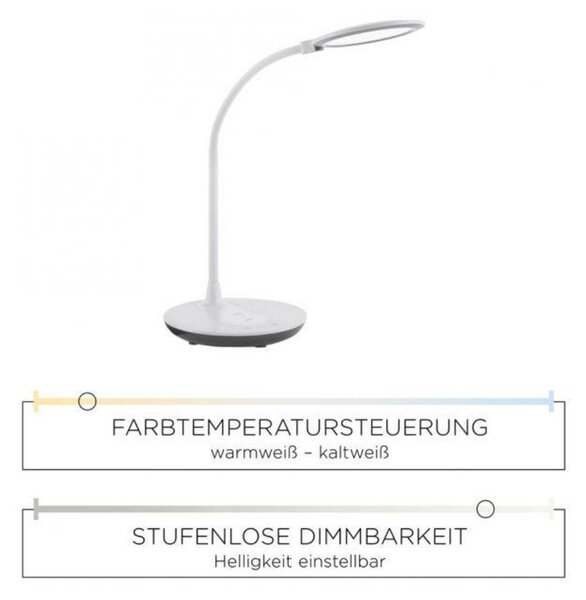LEUCHTEN DIREKT is JUST LIGHT LED stolní lampa, bílé, stmívatelné, CCT, vč. nabíjení mobilu 3000-5500K