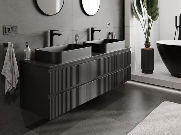 Mexen Rivel koupelnová skříňka pod umyvadlo 160 cm s deskou, 2 zásuvky, drážkovaná, černá mat - 91A20-16047-2-BFFC71