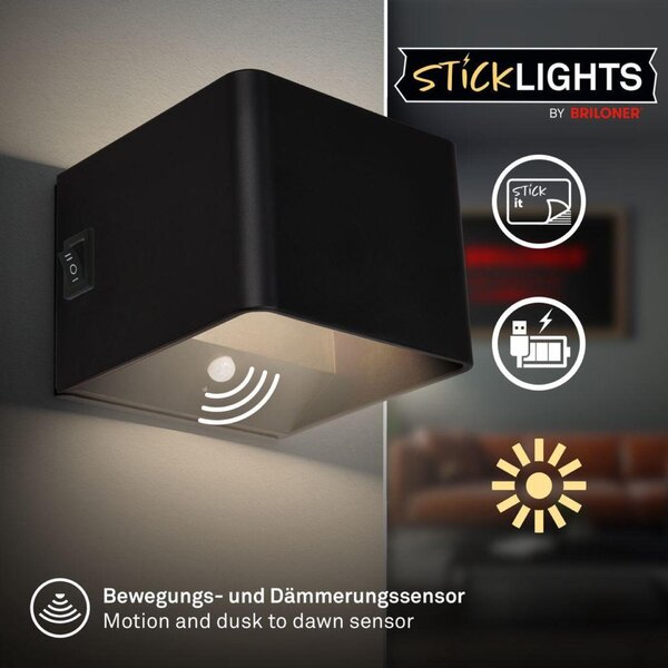 BRILONER Borra nástěnné svítidlo - 1,5W, 100lm, bezdrátové, LED, s pohybovým čidlem, černé 3879015