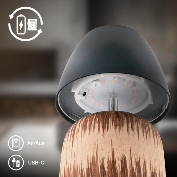 BRILONER Cera stolní lampa - 2,5W, 200lm, bezdrátová, IP44, LED, stmívatelná, teplá bílá, antracit/dřevo 7593014