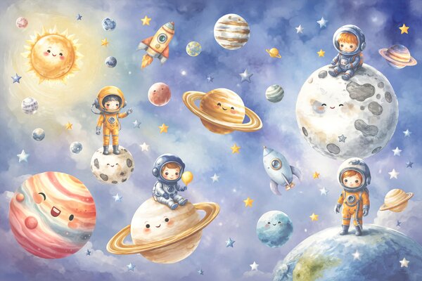 Fototapeta Skupina kreslených astronautů a planet, Vesmírné fototapety, Populární fototapety, t00841 - Tapeko.co.cz