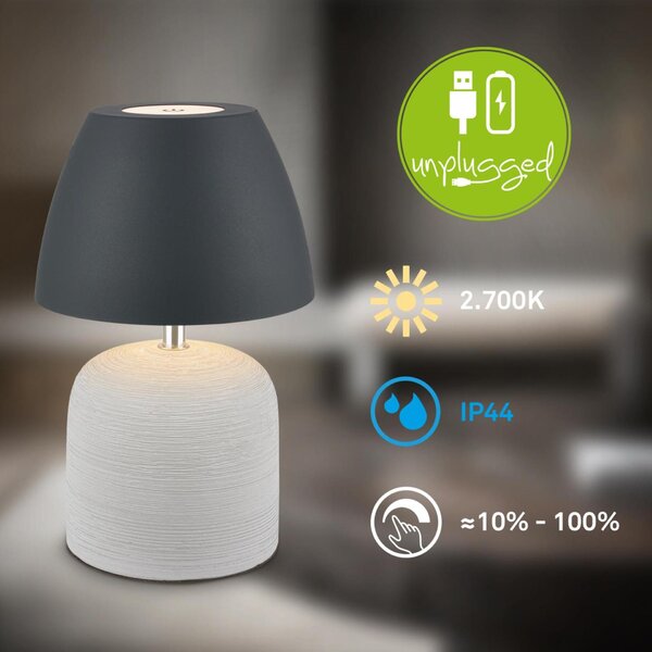 BRILONER Cera stolní lampa - 2,5W, 200lm, bezdrátová, IP44, LED, stmívatelná, teplá bílá, šedá/antracit 7593015
