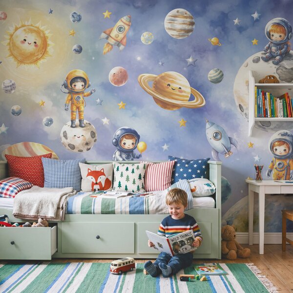 Fototapeta Skupina kreslených astronautů a planet, Vesmírné fototapety, Populární fototapety, t00841 - Tapeko.co.cz