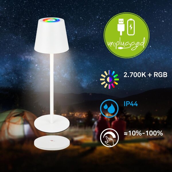 BRILONER Cilano RGBW stolní bezdrátová lampa IP44, stmívatelná, vč. nabíjecí základny, bílá 7517016