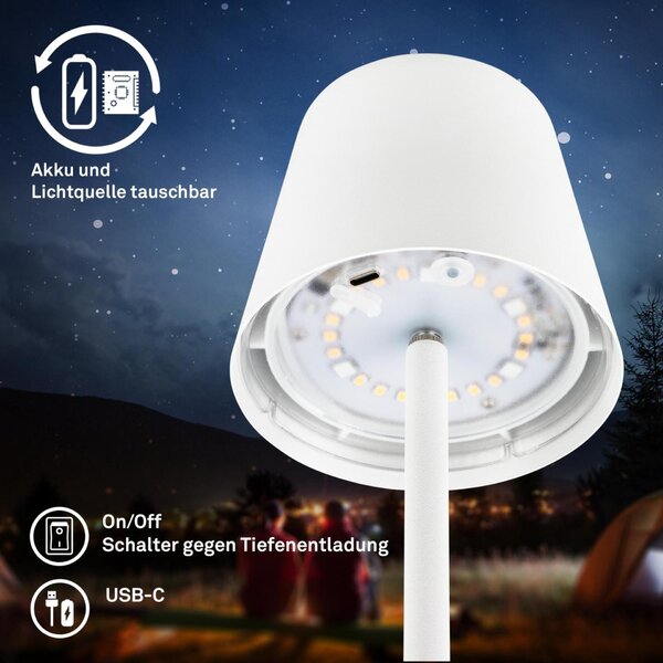 BRILONER Cilano RGBW stolní bezdrátová lampa IP44, stmívatelná, vč. nabíjecí základny, bílá 7517016