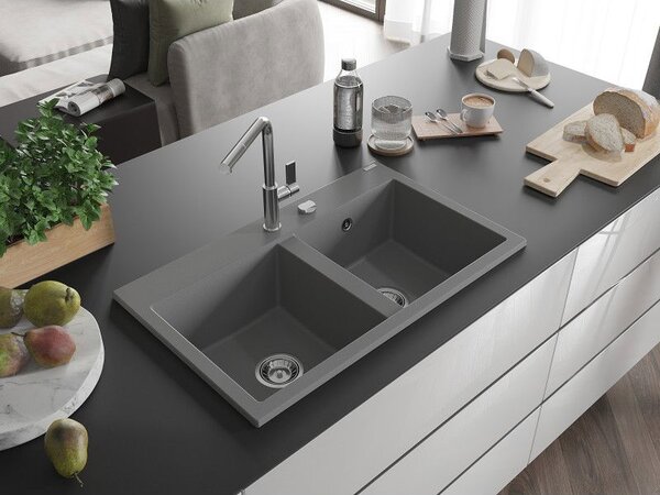 Mexen Hektor žulový dřez dvoukomorový 800 x 480 mm, šedý, sifon chrom - 6521802000-71