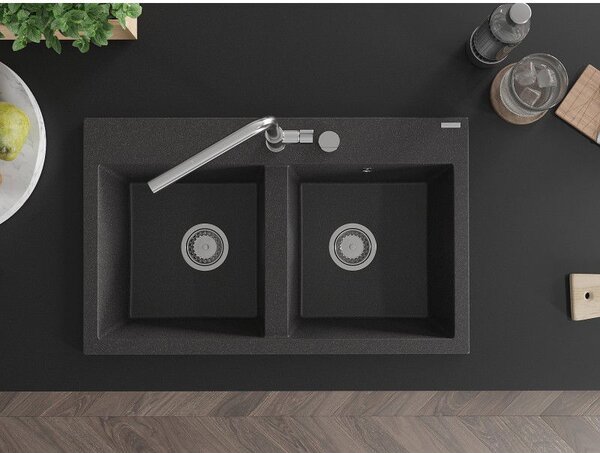 Mexen Hektor žulový dřez 2-komorový 800 x 480 mm, černý skvrnitý, sifon chrom - 6521802000-76