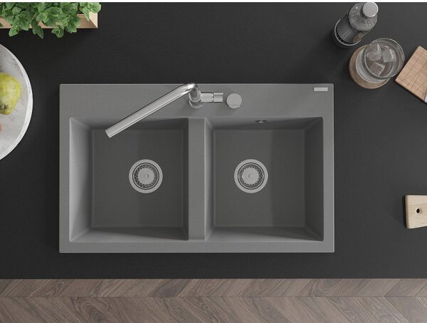 Mexen Hektor žulový dřez dvoukomorový 800 x 480 mm, šedý, sifon chrom - 6521802000-71