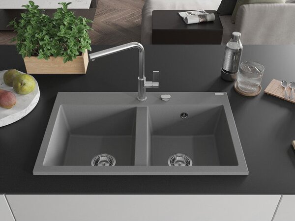 Mexen Hektor žulový dřez dvoukomorový 800 x 480 mm, šedý, sifon chrom - 6521802000-71
