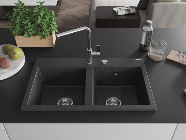Mexen Hektor žulový dřez 2-komorový 800 x 480 mm, černý skvrnitý, sifon chrom - 6521802000-76