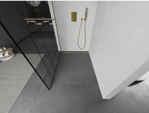 Mexen Kioto sprchová stěna Walk-in 80 x 200 cm, černý vzor 8 mm, zlatá kartáčovaná - 800-080-101-55-78
