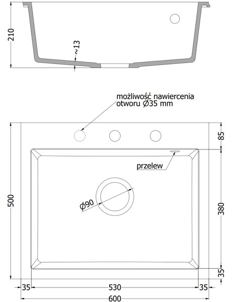 Mexen Eliz, 1-komorový granitový dřez 600 x 500 mm, černá/stříbrná metalíza, chromový sifon - 6525601005-73