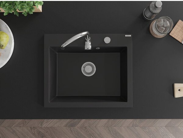 Mexen Elix kuchyňský dřez granitový 1-komorový 600 x 500 mm, černý, sifon chrom - 6525601005-77