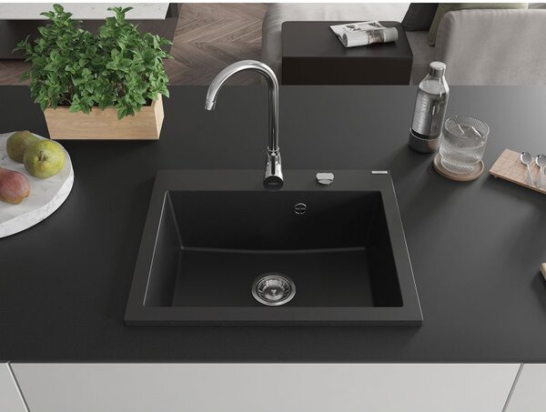 Mexen Elix kuchyňský dřez granitový 1-komorový 600 x 500 mm, černý, sifon chrom - 6525601005-77