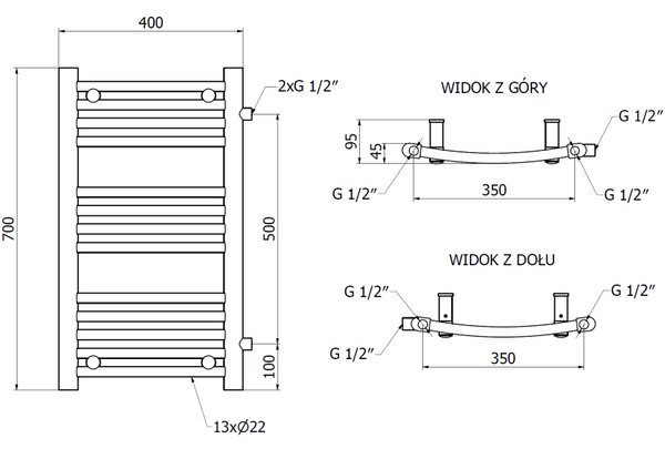 Mexen Ares, topné těleso 700 x 400 mm, 240 W, boční pravé a spodní připojení, černé, W102-0700-400-00-70-S