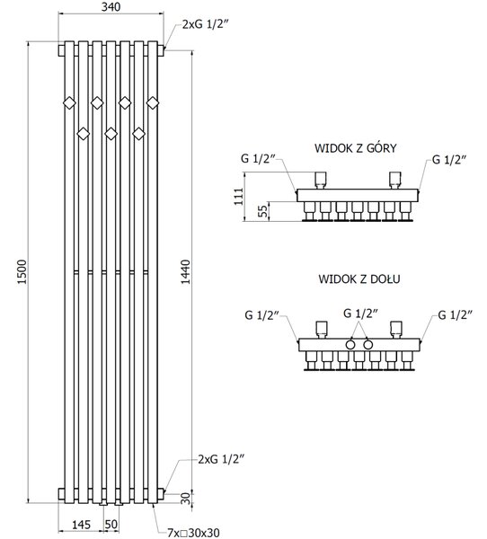 Mexen Flux dekorativní koupelnový radiátor 1500 x 340 mm, 630 W, černý - W127-1500-340-00-70