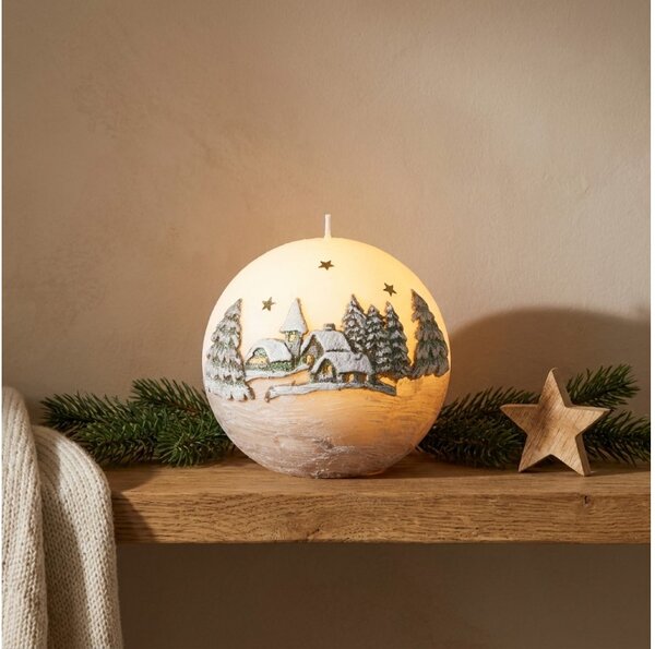 Vánoční kulová svíčka LED dioda Zimní krajina krémová 10 x10 cm