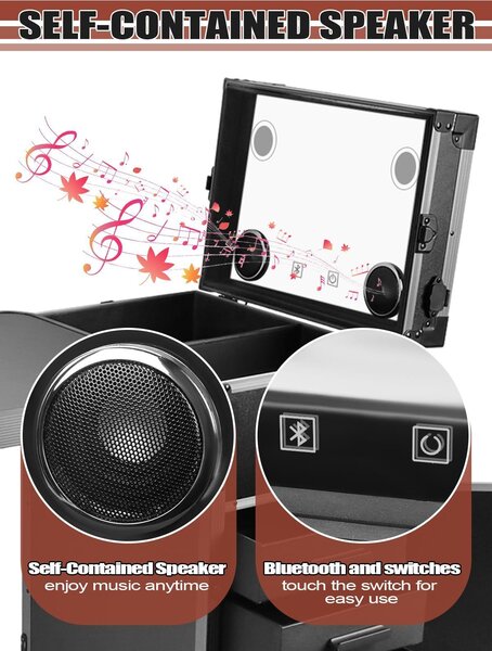 Skládací stolek na manikúru s zásuvkami/zrcadlem/Bluetooth reproduktorem pro mobilní kosmetické studio