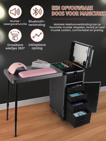 Skládací stolek na manikúru s zásuvkami/zrcadlem/Bluetooth reproduktorem pro mobilní kosmetické studio