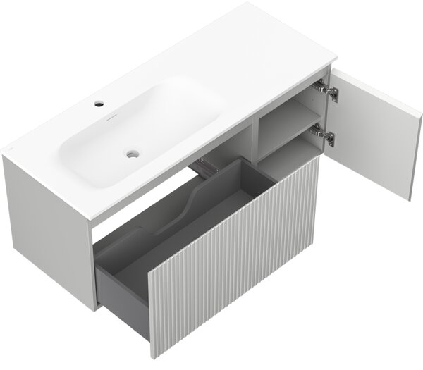 Mexen Rivel koupelnová skříňka 120 cm s umyvadlem Vela levá, 1S, 1D, drážkovaná, šedá mat/bílá mat