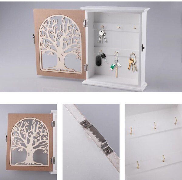Boho úložný box z dřeva s elegantním motivem stromu a praktickým úložným prostorem