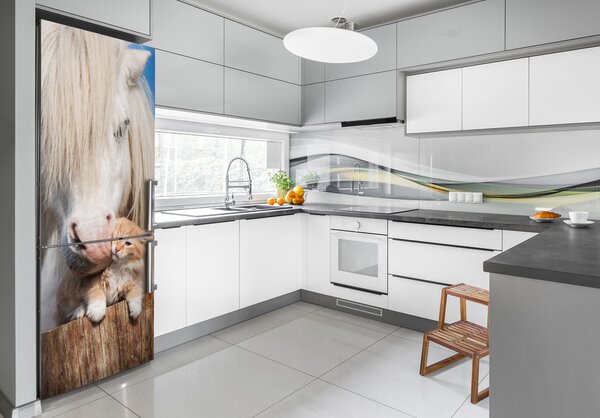 Foto nálepka na ledničku Bílý kůň s kočkou FridgeStick-70x190-f-119704744