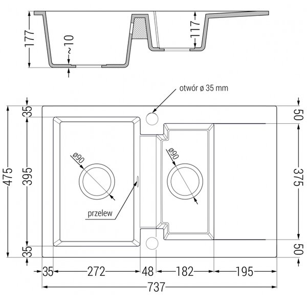 Mexen Gaspar, granitový dřez 737x475x177 mm, 1,5-komorový, černá-stříbrná metalíza s černým sifonem, 6507731505-73-B
