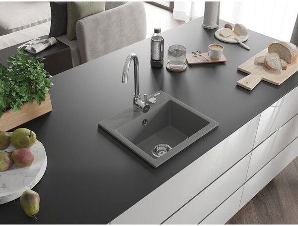 Mexen Milo žulový dřez s jednou komorou 435 x 410 mm, šedý, sifon chrom - 6505441000-71